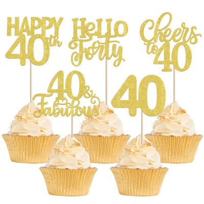 30 Pack 40th Birthday Cupcake Toppers Glitter Forty Cheers to 40 Cupcake Picks Hello 40 Cake Decorations for Happy 40th Birthday Anniversary Party Supplies Gold