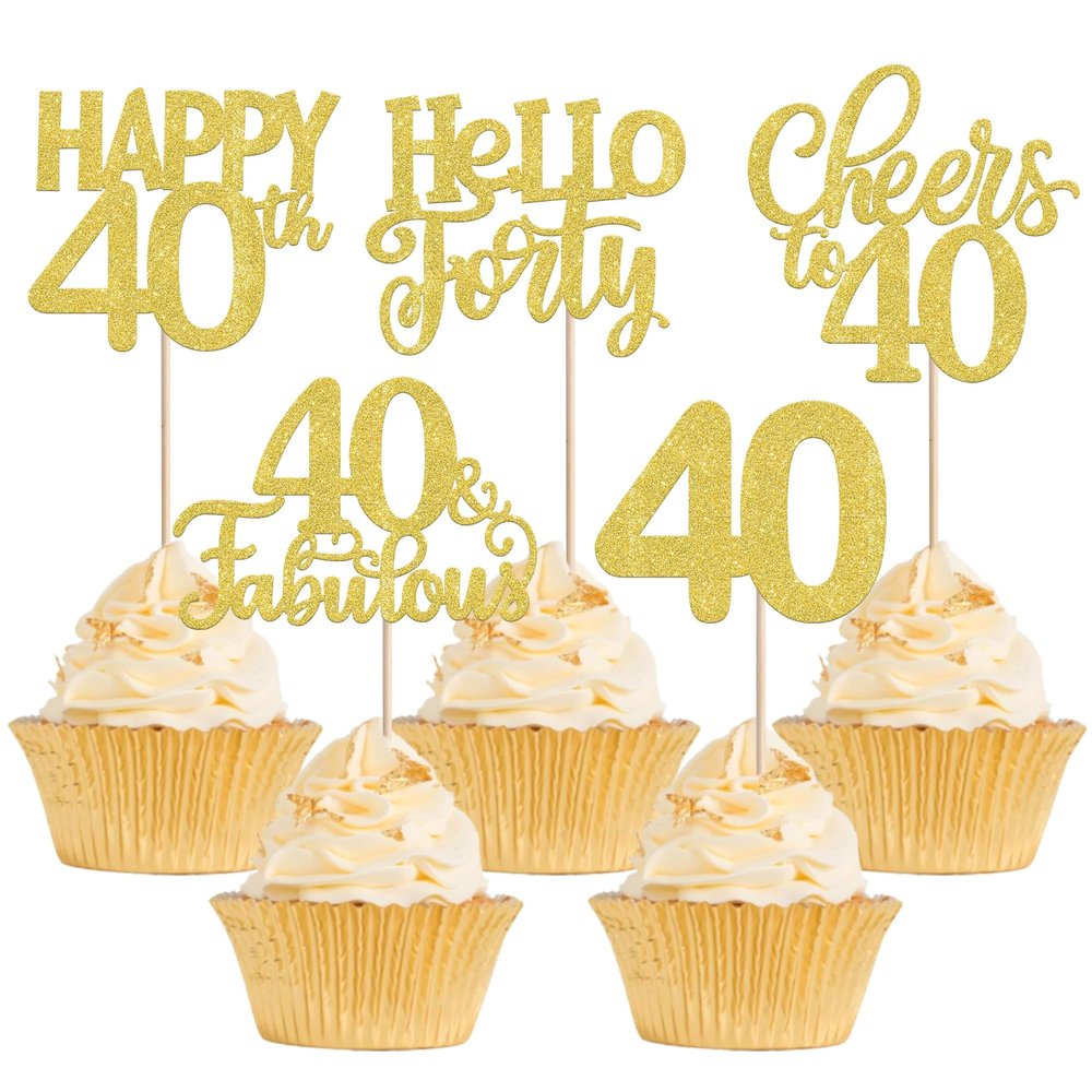30 Pack 40th Birthday Cupcake Toppers Glitter Forty Cheers to 40 Cupcake Picks Hello 40 Cake Decorations for Happy 40th Birthday Anniversary Party Supplies Gold