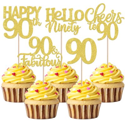 30 Pack 90th Birthday Cupcake Toppers Glitter Ninety Cheers to 90 Cupcake Picks Hello 90 Cake Decorations for Happy 90th Birthday Anniversary Party Supplies Gold
