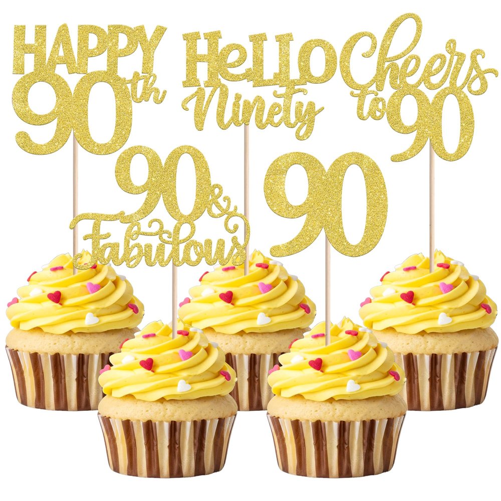 30 Pack 90th Birthday Cupcake Toppers Glitter Ninety Cheers to 90 Cupcake Picks Hello 90 Cake Decorations for Happy 90th Birthday Anniversary Party Supplies Gold