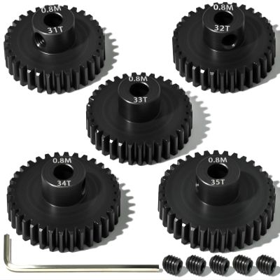 5Pcs 0.8M Hardened Steel Pinion Gear Set 5mm Shaft 31T 32T 33T 34T 35T Motor Pinion Gear with M4 Screw and Hex Key, for Arrma HPI Kyosho Losi Axial Traxxas Tamiya 1/10 RC Car and 540/550 Motors