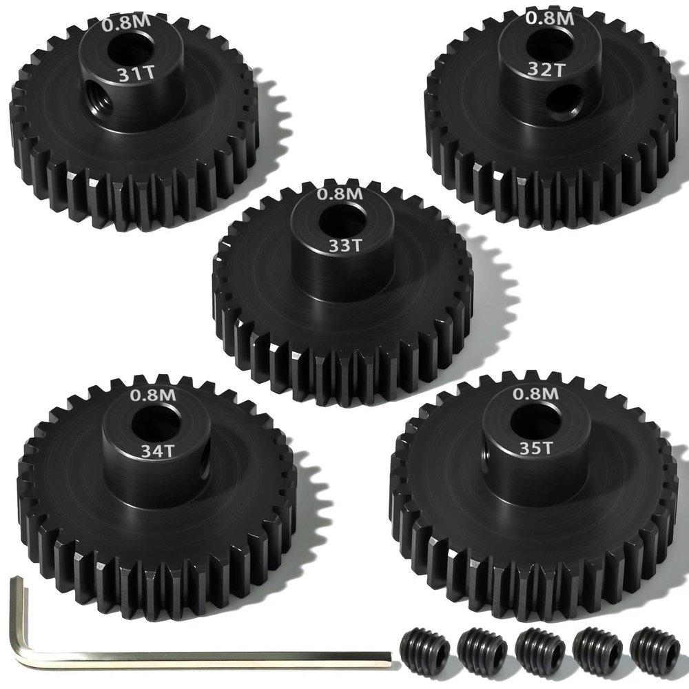 5Pcs 0.8M Hardened Steel Pinion Gear Set 5mm Shaft 31T 32T 33T 34T 35T Motor Pinion Gear with M4 Screw and Hex Key, for Arrma HPI Kyosho Losi Axial Traxxas Tamiya 1/10 RC Car and 540/550 Motors