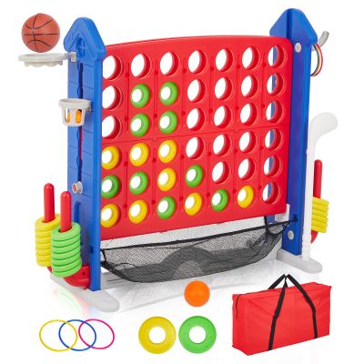 Giant 4 in a Row Game,Adjustable Height 4-to-Score Giant Game Set with Carrying Bag and Mesh Pocket, 4-in-1 Play Design with Golf, Mini Basketball & Ring Toss, Giant Connect 4 for Outdoor & Indoor
