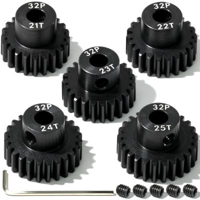 5Pcs 32P Hardened Steel Pinion Gear Set 5mm Shaft 21T 22T 23T 24T 25T Motor Pinion Gear with M4 Screw and Hex Key, for Arrma HPI Kyosho Losi Axial Traxxas Tamiya 1/10 RC Car and 540/550 Motors