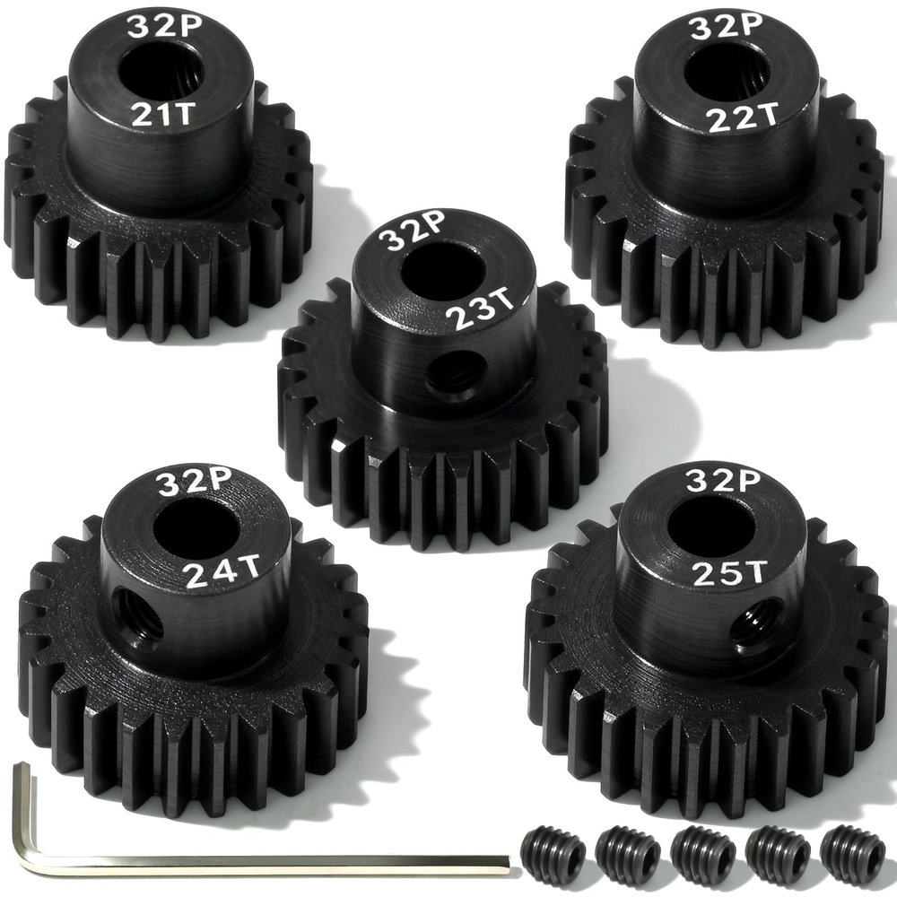 5Pcs 32P Hardened Steel Pinion Gear Set 5mm Shaft 21T 22T 23T 24T 25T Motor Pinion Gear with M4 Screw and Hex Key, for Arrma HPI Kyosho Losi Axial Traxxas Tamiya 1/10 RC Car and 540/550 Motors