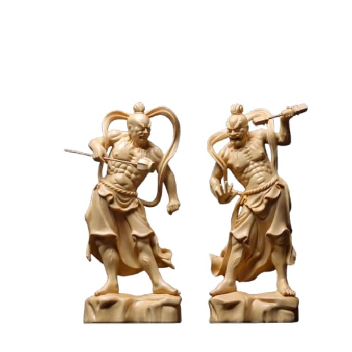 2-Piece Set Kongo Rikishi Nio Statue - 21cm Hand-Carved Wooden Buddha Figurine for Home Protection, Prayer, and Evil Ward Off | Gift Idea for Spiritual Wellness (20cm)