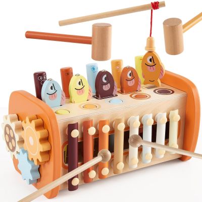 HYAKIDS Wooden Montessori Toys for 1+ Year Old, 6 in 1 Hammering Pounding Activity with Xylophone & Whack a Mole Game, Learning Educational Activities for 18+ Months Boys Girls Gifts