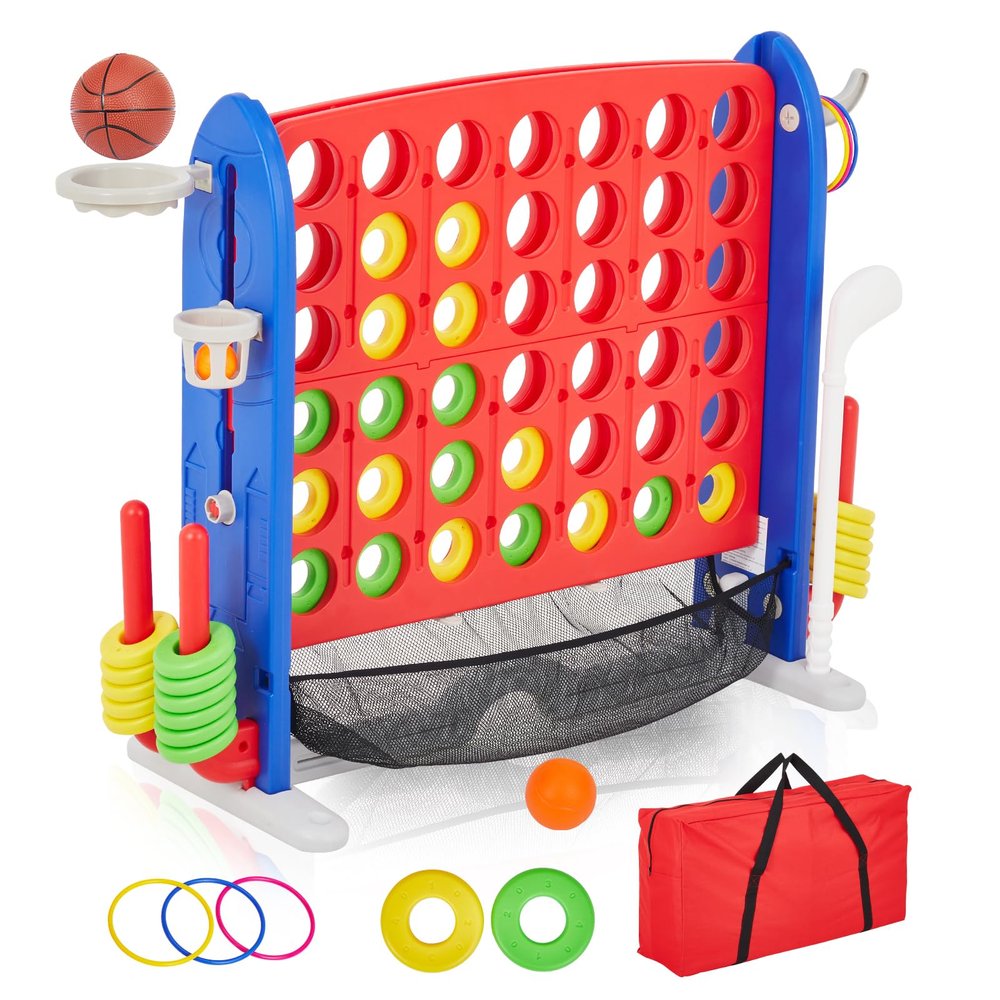 PeakPursuit Giant 4-in-1 Connect Game Set | Jumbo 4 to Score Game with Basketball, Golf & Ring Toss | 3-Level Adjustable Height Outdoor Yard Game for Kids & Family Gatherings, Outdoor & Indoor