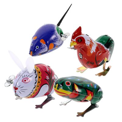4pcs Wind-up Clockwork Animal Jumping Action for Boys and Random Color Iron Frog Rooster Bunny Fun Vintage Mechanical Play Random Color