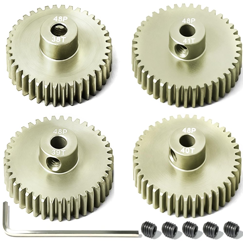 4Pcs 48P Aluminum Alloy Pinion Gear Set 3.175mm 38T 39T 40T 41T Motor Pinion Gear W M4 Screw and Hex Key, Fit 3.175mm (1/8-Inch) Shaft, for Arrma HPI Kyosho Losi Axial Traxxas Tamiya 1/10 RC Car