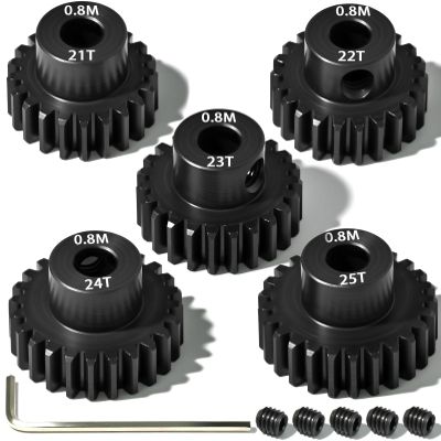 5Pcs 0.8M Hardened Steel Pinion Gear Set 5mm Shaft 21T 22T 23T 24T 25T Motor Pinion Gear with M4 Screw and Hex Key, for Arrma HPI Kyosho Losi Axial Traxxas Tamiya 1/10 RC Car and 540/550 Motors