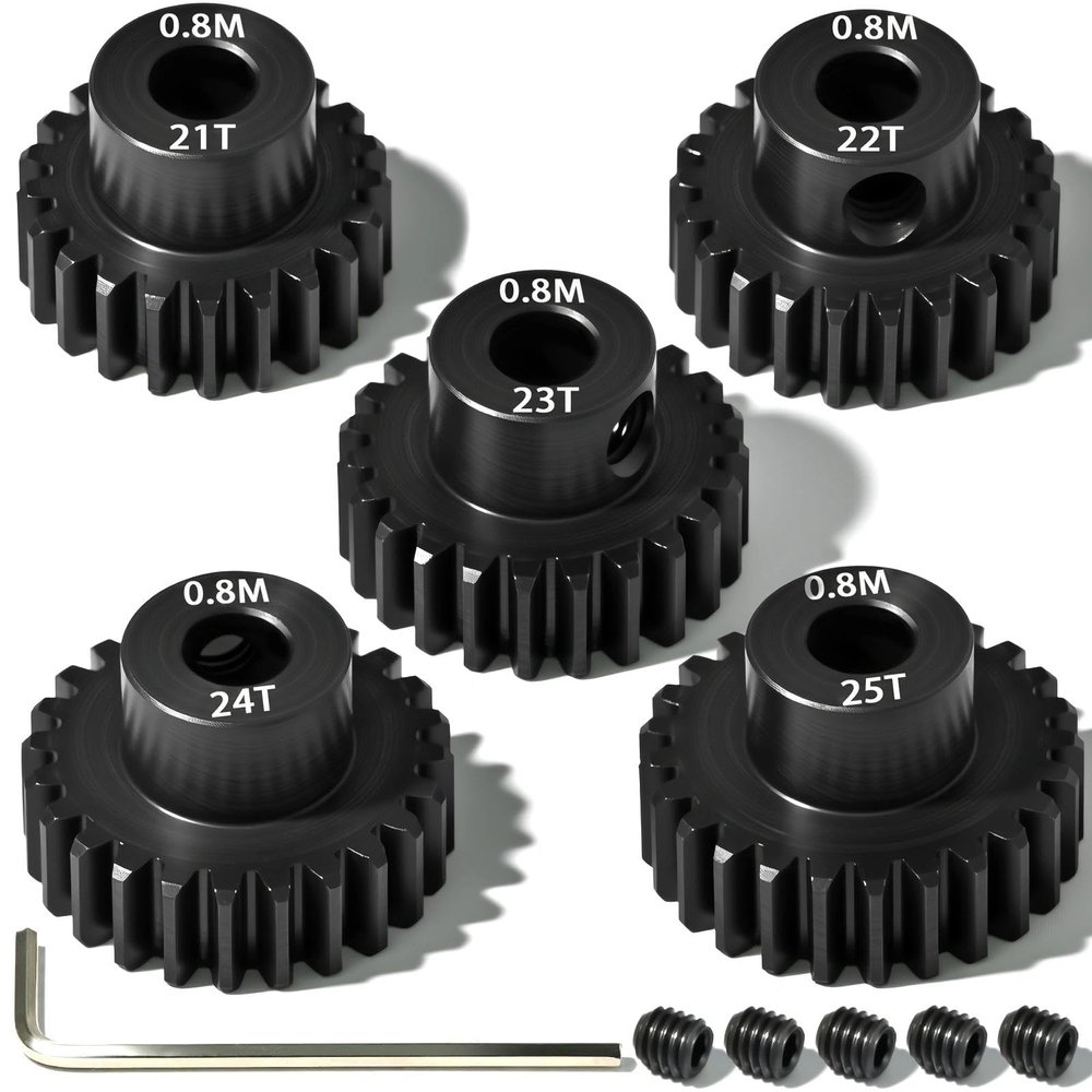 5Pcs 0.8M Hardened Steel Pinion Gear Set 5mm Shaft 21T 22T 23T 24T 25T Motor Pinion Gear with M4 Screw and Hex Key, for Arrma HPI Kyosho Losi Axial Traxxas Tamiya 1/10 RC Car and 540/550 Motors