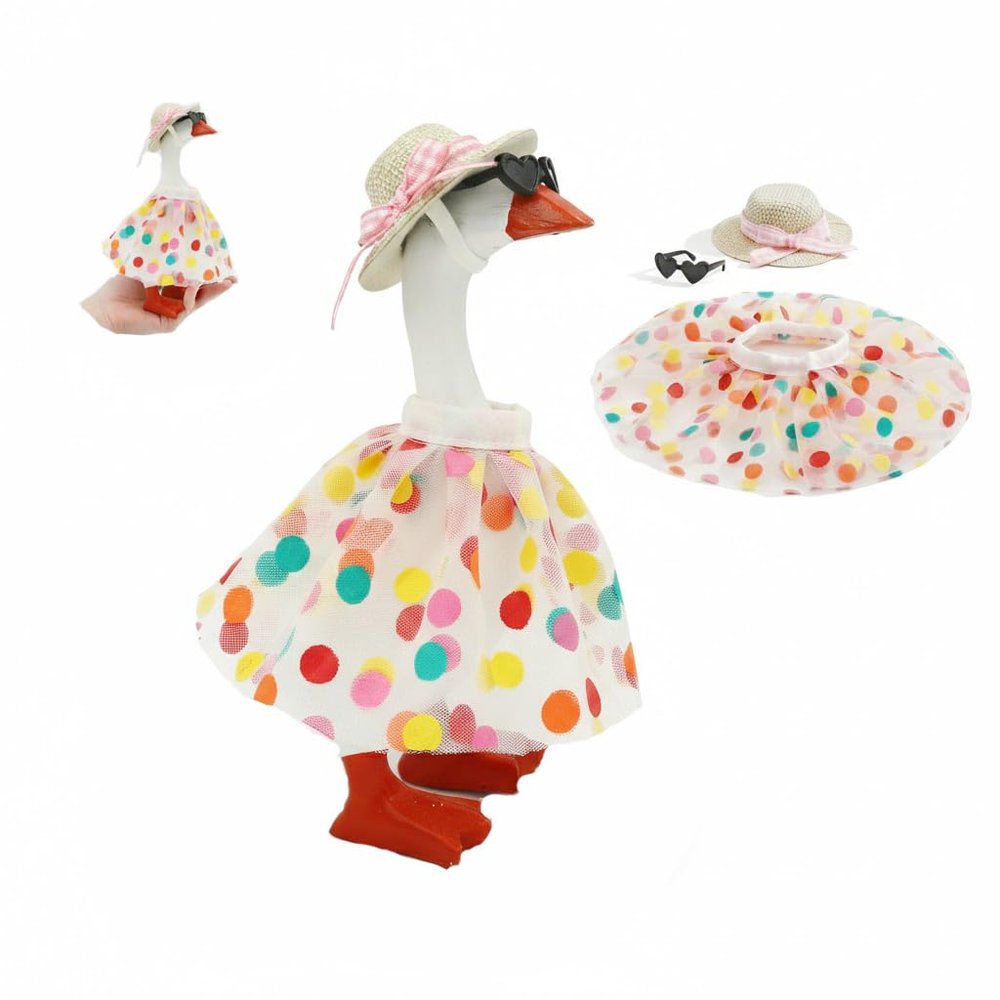 Desk Goose Outfits 7 Inch Clothes Summer Dresswith Pink Bow and Hat, Magnetic Desktop Goose Key Holder Birthday Party Dress for Mini Porch Goose Decorative