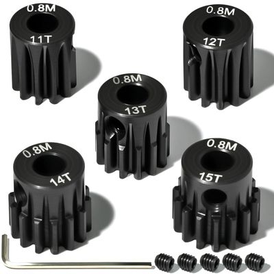 5Pcs 0.8M Hardened Steel Pinion Gear Set 5mm Shaft 11T 12T 13T 14T 15T Motor Pinion Gear with M4 Screw and Hex Key, for Arrma HPI Kyosho Losi Axial Traxxas Tamiya 1/10 RC Car and 540/550 Motors