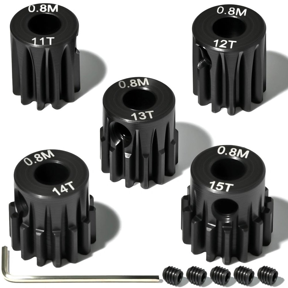 5Pcs 0.8M Hardened Steel Pinion Gear Set 5mm Shaft 11T 12T 13T 14T 15T Motor Pinion Gear with M4 Screw and Hex Key, for Arrma HPI Kyosho Losi Axial Traxxas Tamiya 1/10 RC Car and 540/550 Motors