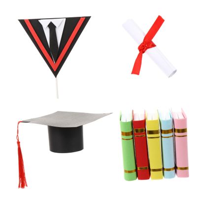 COOLHIYA 3pcs Graduation Cake Decor with Red Tassel Cap Academic Dress Certificate Paper Toppers for Party Dessert Decoration Creative Trencher Cake Toppers for University and High School