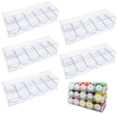 Jorzer 5Pcs Poker Chip Case, Clear Plastic Poker Chip Tray with Lid, Multi-Use Storage Display Case for Gambling, Parties or Home 5pcs Clay Crown Mahjong Plastic Chips Embedded..