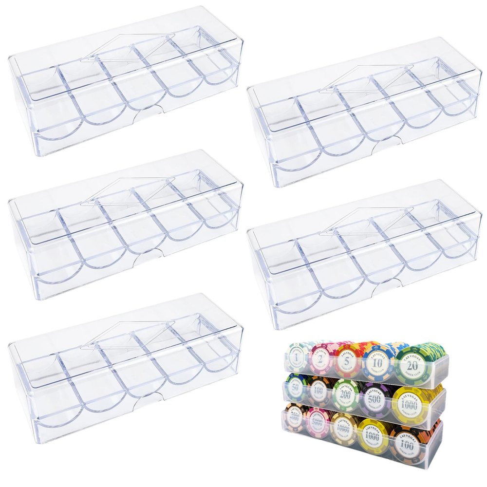 Jorzer 5Pcs Poker Chip Case, Clear Plastic Poker Chip Tray with Lid, Multi-Use Storage Display Case for Gambling, Parties or Home 5pcs Clay Crown Mahjong Plastic Chips Embedded..