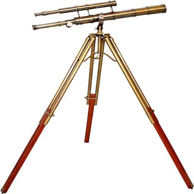 Vintage Sailor High Magnification Floor Standing Wooden/Brass Tripod Nautical Maritime Collectible Brass Telescope Double Barrel