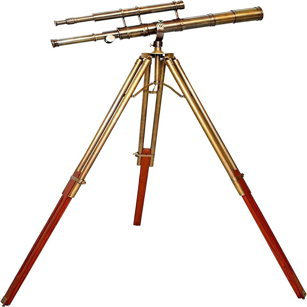 Vintage Sailor High Magnification Floor Standing Wooden/Brass Tripod Nautical Maritime Collectible Brass Telescope Double Barrel