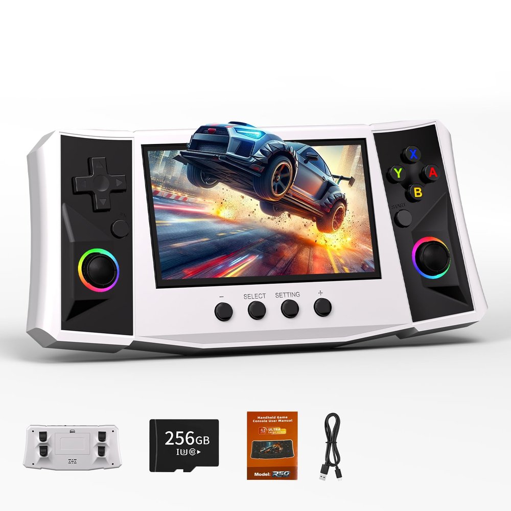 FVBADE 50000 in 1 R50 Ultra Handheld Game Console 4.5 inch IPS Screen Mini Retro Console 4000mAh Portable Pocket Arcade 12+ Mainstream Emulator 256G TF Card Transparent(White)
