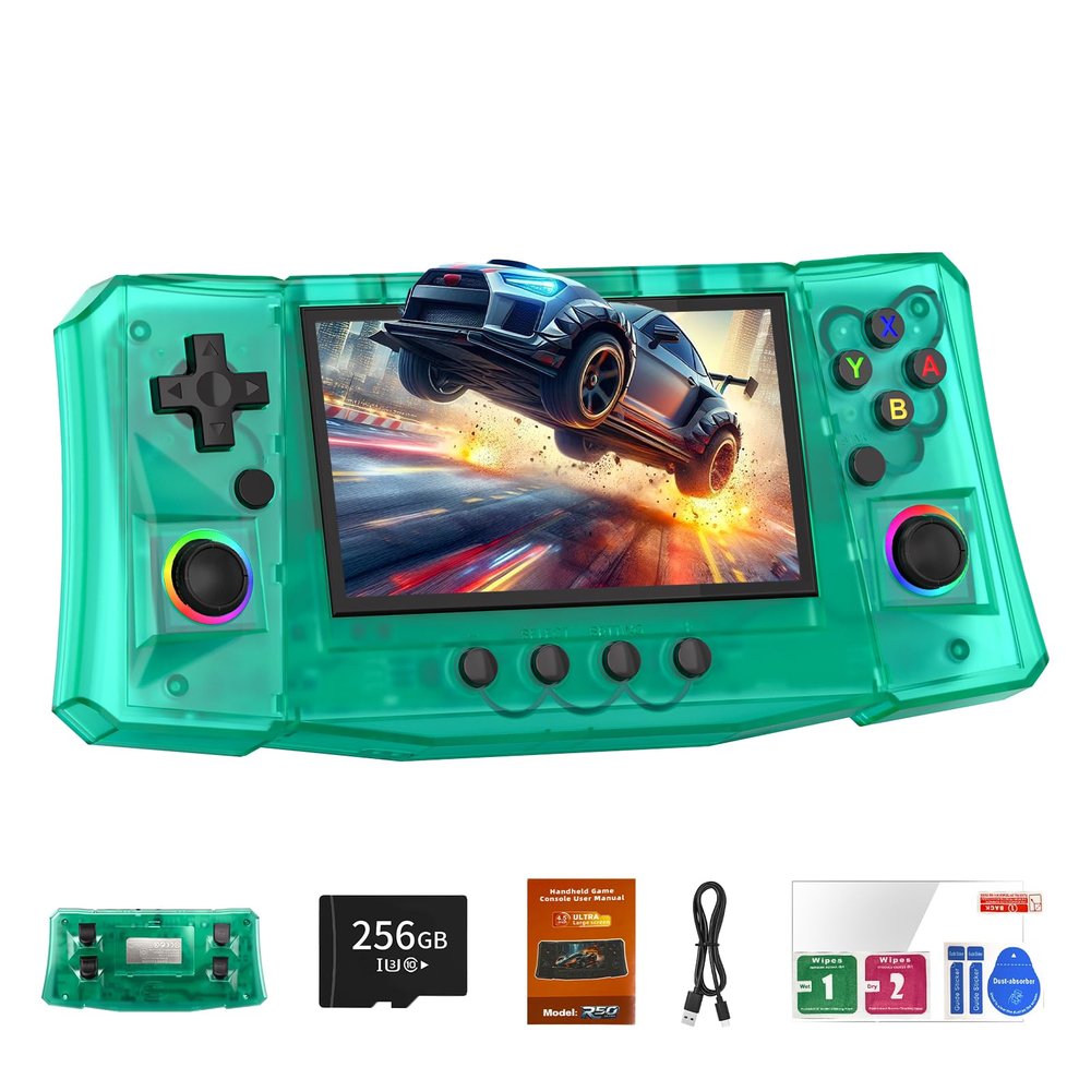 FVBADE 50000 in 1 R50 Ultra Handheld Game Console 4.5 inch IPS Screen Mini Retro Console 4000mAh Portable Pocket Arcade 12+ Mainstream Emulator 256G TF Card Transparent(Green)