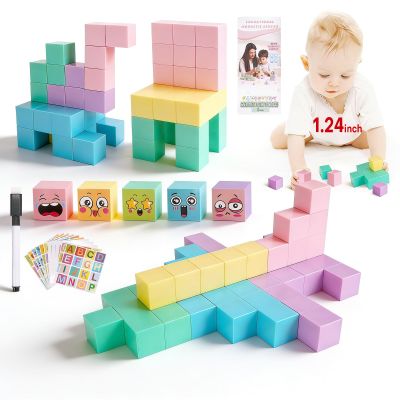 LESSETI 35 PCS Large Magnetic Blocks for Toddlers - 1.24" Magnetic Cube with Stickers, Magnet Blocks STEM Learning Sensory Toys for Kids & Preschoolers, Brithday Gifts for 3-5 Year Old Boys Girls