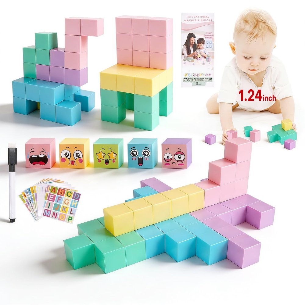 LESSETI 35 PCS Large Magnetic Blocks for Toddlers - 1.24" Magnetic Cube with Stickers, Magnet Blocks STEM Learning Sensory Toys for Kids & Preschoolers, Brithday Gifts for 3-5 Year Old Boys Girls