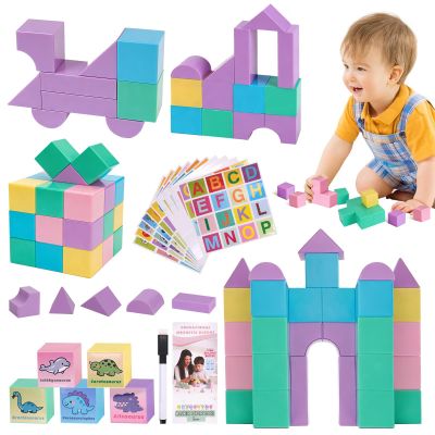 LESSETI 50 PCS Large Magnetic Blocks for Kids - 1.24" Macaron Colors Magnet Building Blocks with Stickers & Marker, Classroom Educational Toys for Toddlers1-3, Ideal Gift for 3-5 Year Old Boys Girls