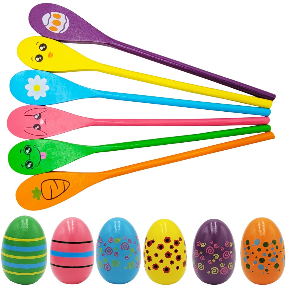 24 Painted Easter Egg and 24 Spoon Race Game Set, 24 Sets, Family Game for Kids & Family Activity Holiday Outdoor Yard Easter Egg Hunt Birthday Party Front Lawn