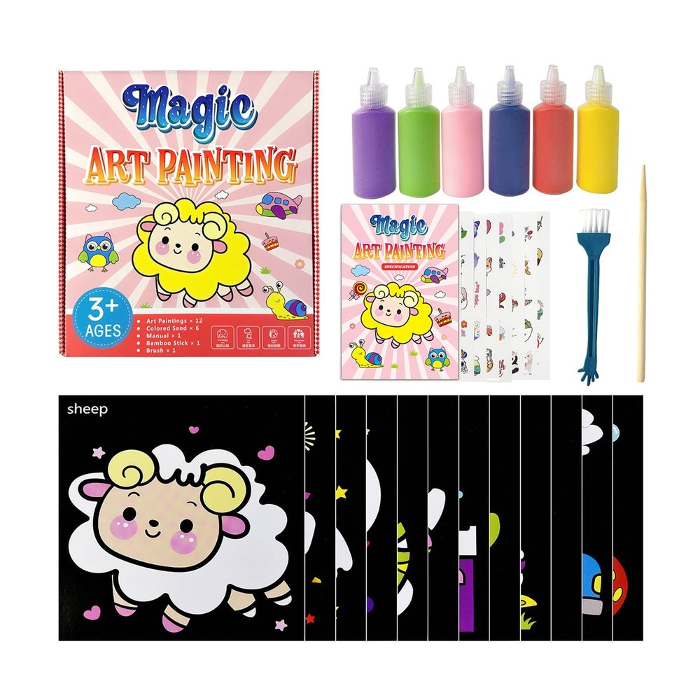 28Pcs Kids Sand Art Set 6 Bottles of 12 Paintings 8 Sheet Stickers for Kid School Project for Craft