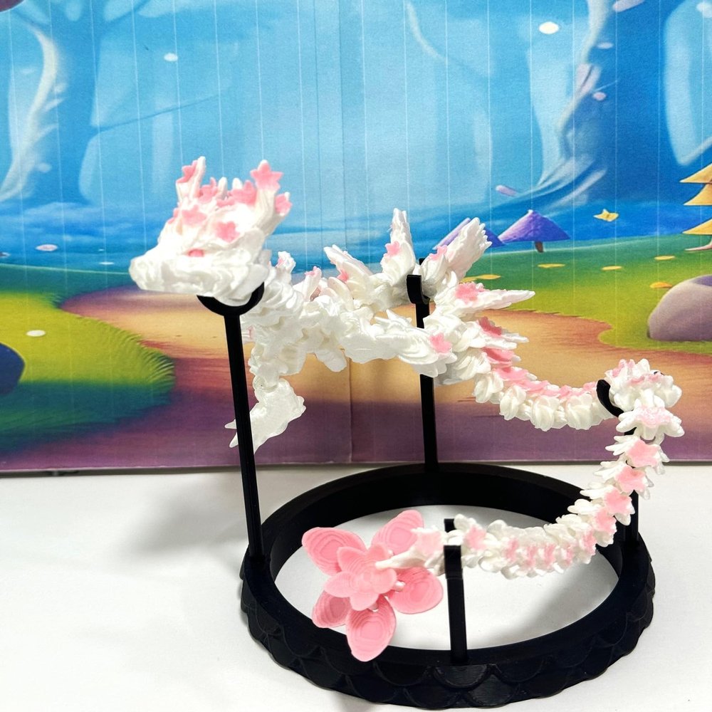 3D Printed Dragon with Display Stand, 12 Inches Articulated White and Pink Cherry Blossom Dragon, Fidget ADHD Autism Toy, Executive Desk Toy D016-DS