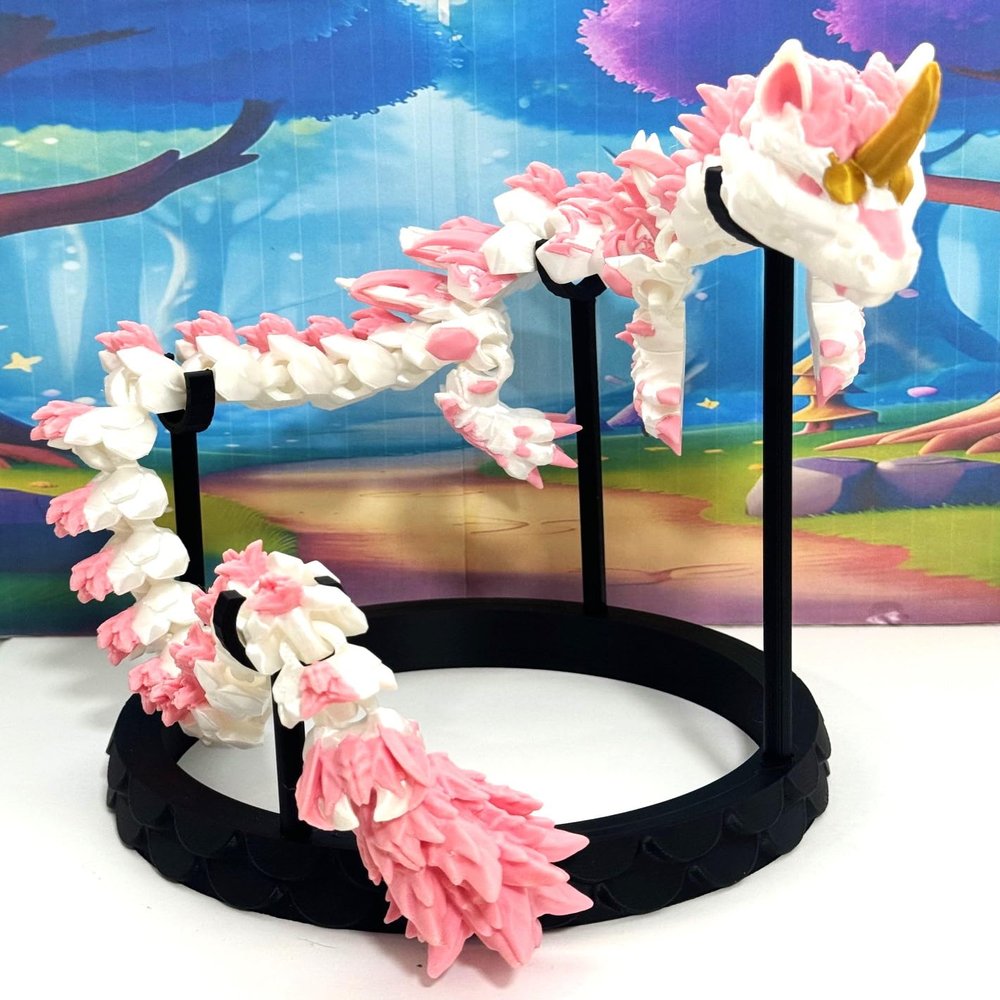 24 Inches 3D Printed Dragon with Display Stand, Articulated White and Pink Unicorn Dragon, Fidget ADHD Autism Toy, Executive Desk Toy D051-DS