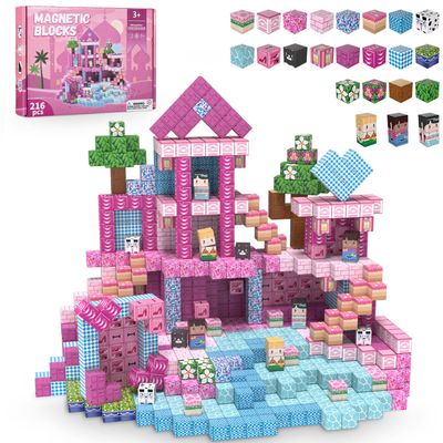 ADAH 216PCS Magnetic Building Blocks for Girls, Pink Princess STEM Toys for Ages 4-8, Creative Educational Building Toys for 3-6 Year Olds, Magic Blocks for Kids