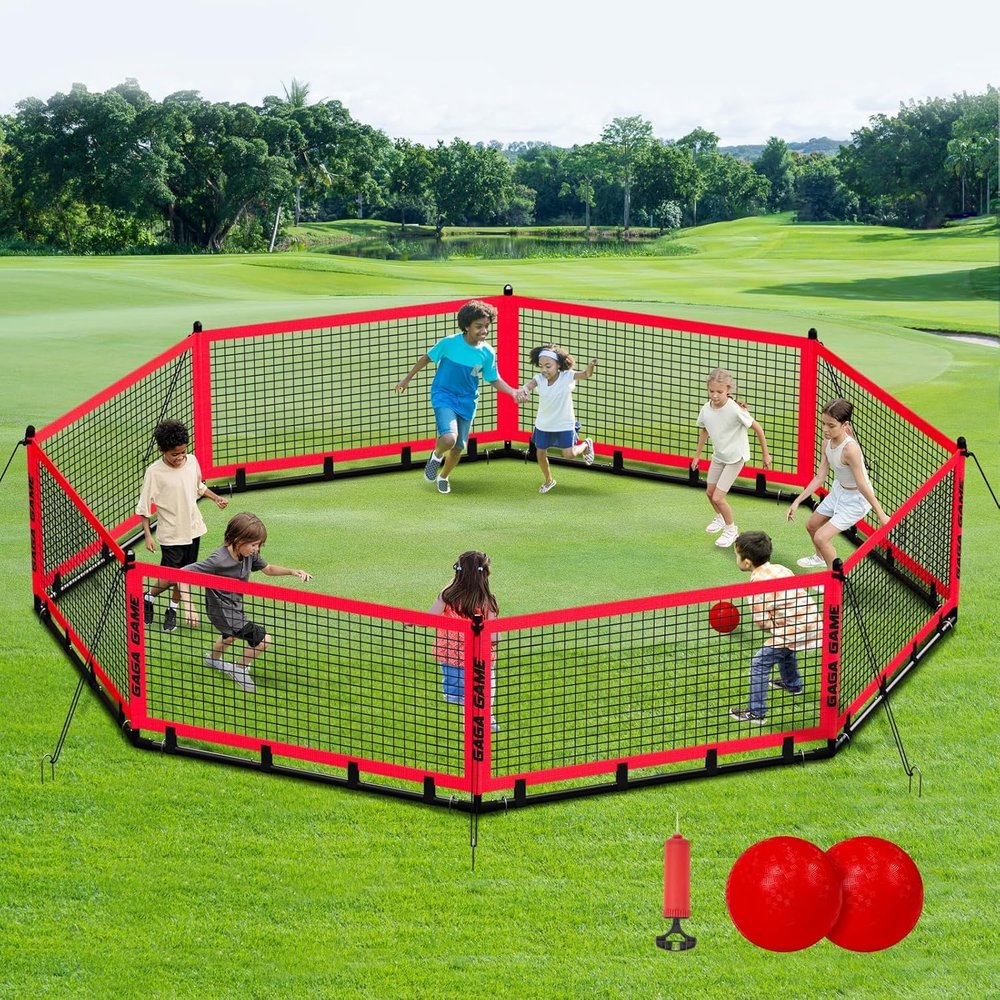 Gaga Ball Pit for Kids, Portable Gagaball Court 20ft Equipped with Carry Bag, 2 Gaga Balls, Wind Ropes and Ground Spikes for Sport Games and Indoor & Outdoor Activities
