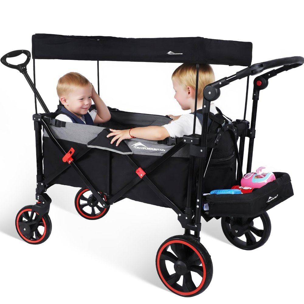 Ultra-Large Capacity Folding Wagon Stroller for 2 Kids, 330LBS 240L Heavy Duty Push Wagon with Canopy, 5-Point Safety Harness & Shock-Absorbing PU Wheels for Outdoor Camping Beach Travel,Black