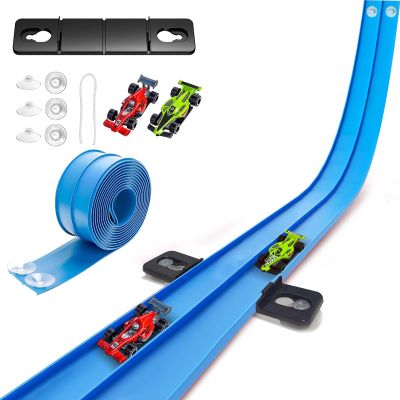 15 Ft Flexible Race Track for Kids, Two-Lane Flex Blue Track for 1:64 Diecast Cars Toys, Includes 2 Cars & 6 Suction Cups & 1 Rope, Portable Design, Birthday Gift for Boys & Girls Ages 3-8