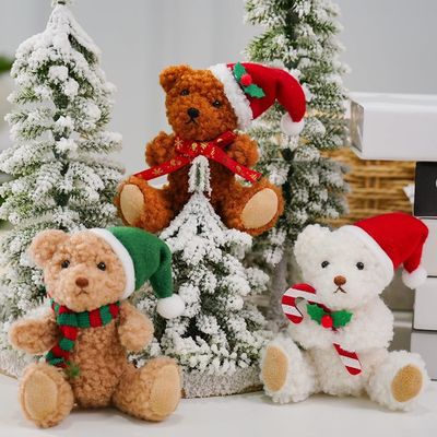 3 Piece Plush For Teddy Bear Ornaments with Santa Hats and Candy Canes for Christmas Tree and Festive Home Decoration