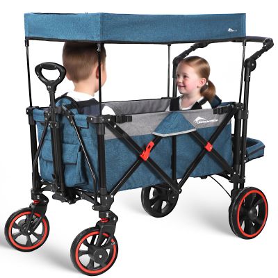 Ultra-Large Capacity Folding Wagon Stroller for 2 Kids, 330LBS 240L Heavy Duty Push Wagon with Canopy, 5-Point Safety Harness & Shock-Absorbing PU Wheels for Outdoor Camping Beach Travel,Blue