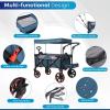 Ultra-Large Capacity Folding Wagon Stroller for 2 Kids, 330LBS 240L Heavy Duty Push Wagon with Canopy, 5-Point Safety Harness & Shock-Absorbing PU Wheels for Outdoor Camping Beach Travel,Blue view 4