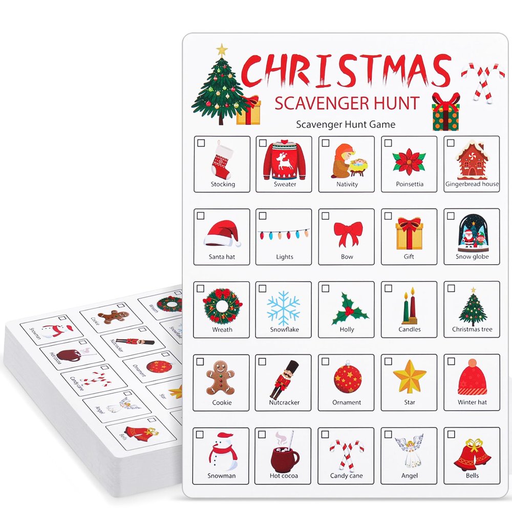 Hoolerry 30 Pcs Scavenger Hunt for Kids Road Trip Game Car Spring Summer Wedding Scavenger Hunt Cards Travel Activities Camping Games Outdoor Indoor Seek Activity for Kids Adults (Christmas)