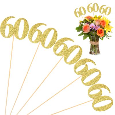 10 Pack Double Sided Glitter 60th Birthday Centerpiece Happy 60th Birthday Centerpiece Sticks Number 60 Table Topper Cake Topper Supplies for Tables Party (Gold)