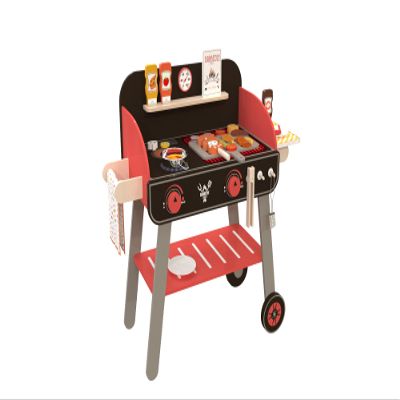 EDUBEBO Wooden BBQ Grill Playset - Kids Toy Kitchen Play Set for Toddlers with Pretend Play Food & Grilling Accessories, Indoor Outdoor Cooking Toy Gift for Boys Girls Ages 3+