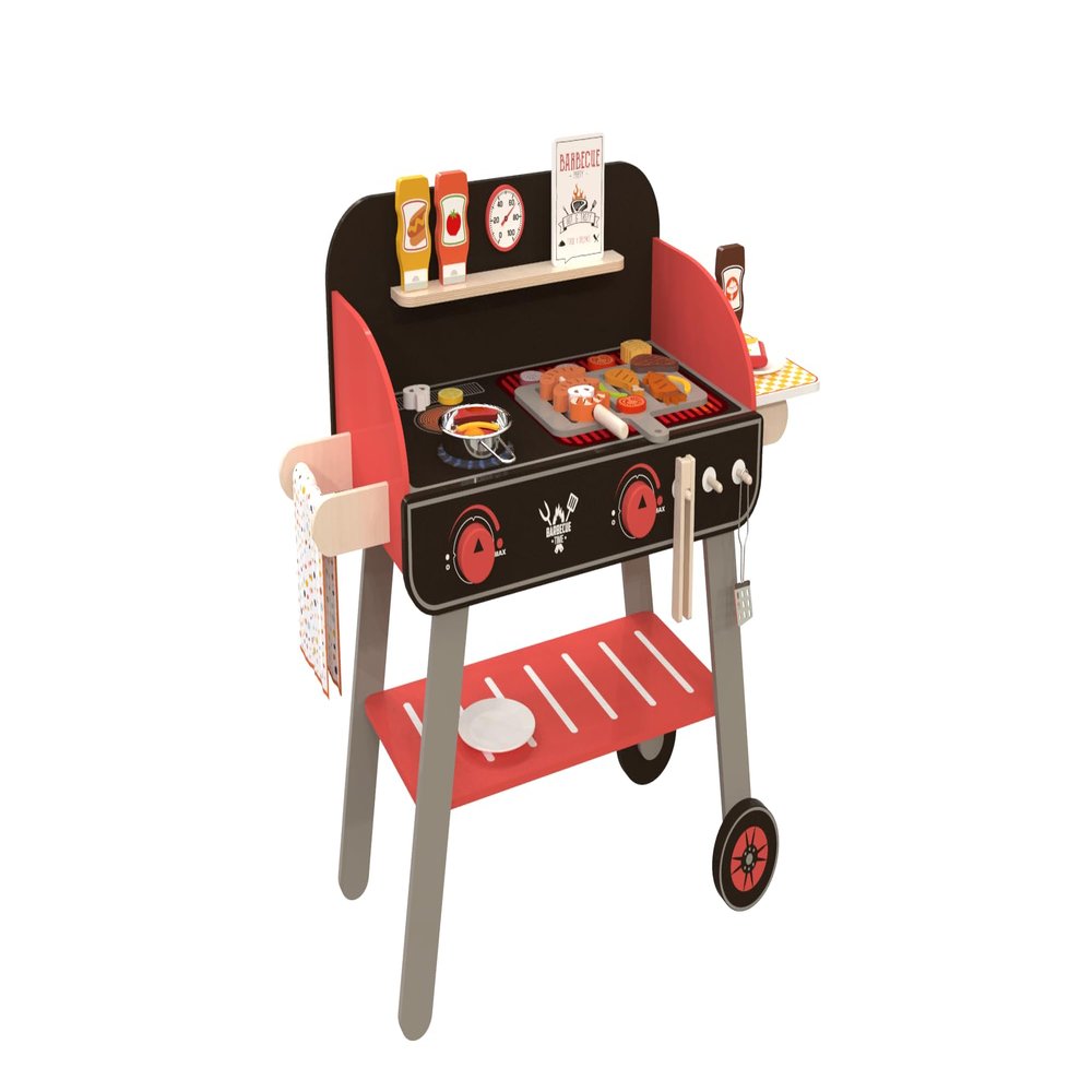 EDUBEBO Wooden BBQ Grill Playset - Kids Toy Kitchen Play Set for Toddlers with Pretend Play Food & Grilling Accessories, Indoor Outdoor Cooking Toy Gift for Boys Girls Ages 3+
