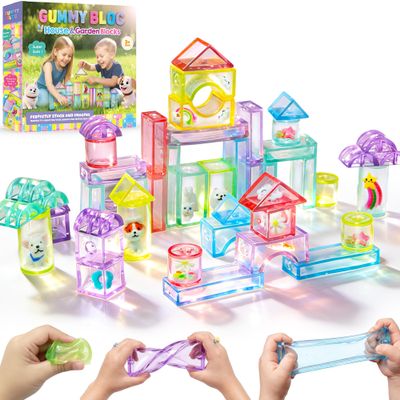 Gummy Bloc 33PCS Sensory Building Blocks for Toddlers,Soft Squishy Montessori Stacking Toy, House Garden Theme, Squeezable & Stretchable Fidget Blocks for Creative Play,Educational Preschool STEM Toy