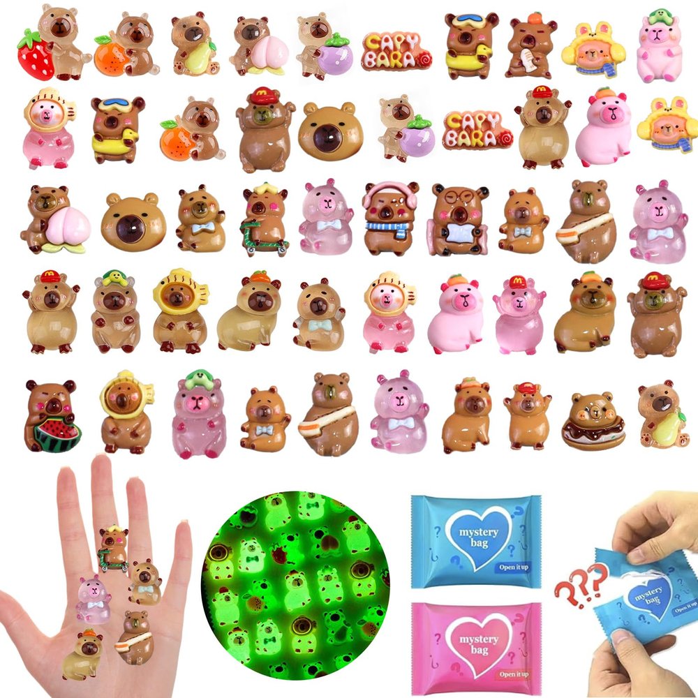 100 Pcs Random Mini Capybara with Glow in the Dark Feature, Individually Packaged Blind Bags  Cute Collectible Resin Toys for Kids, Fairy Gardens, Desk Decor, Party Favors, and Creative DIY Projects