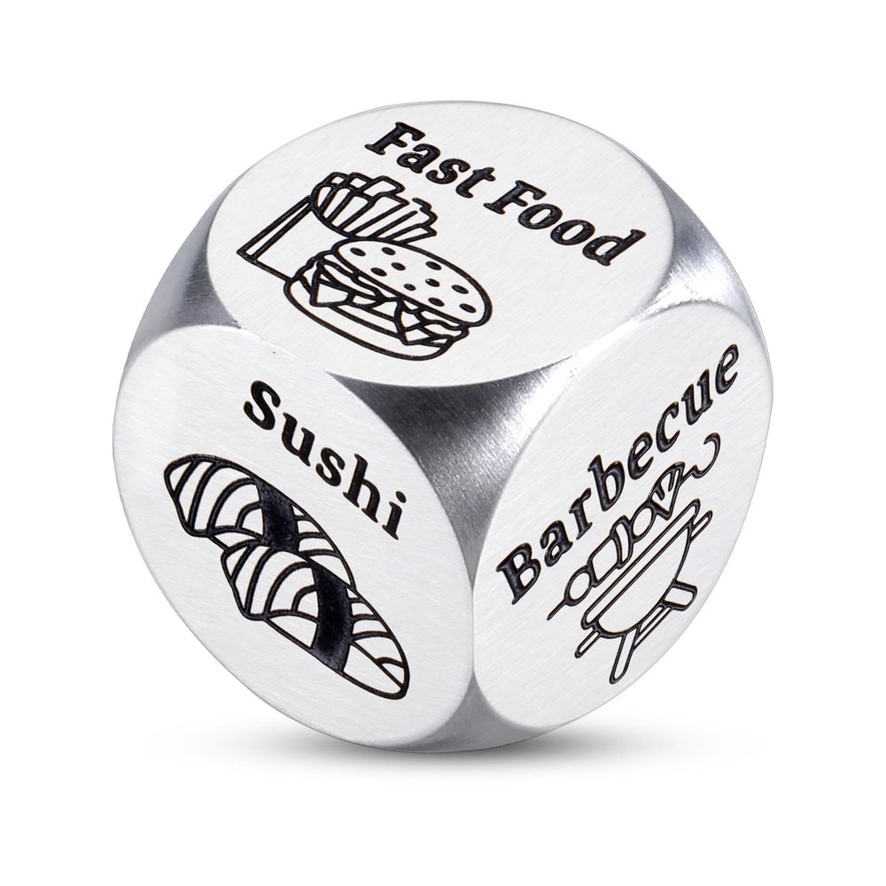 Food Dice Decider Gift- Stainless Steel Food Choice Dice for Couples Friends Him Her - Fun Date Night Meal Picker Gift for Boyfriend Girlfriend Wife Husband - White Elephant Christmas Valentines