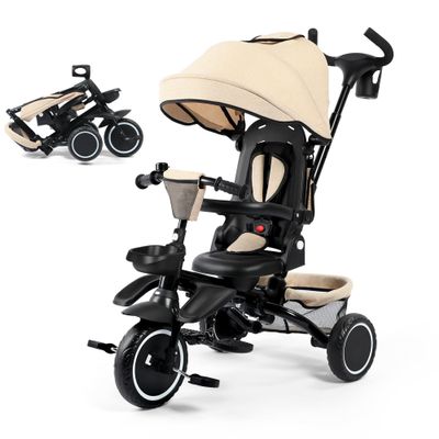 TODECARE 8 in 1 Kids Tricycle, Folding Toddler Tricycle w/Reversible Seat, Adjustable Push Rod & Canopy, Baby Trike Toddler Bike w/Bell, 5-Point Harness, Extra Storage, Cup Holder, Khaki