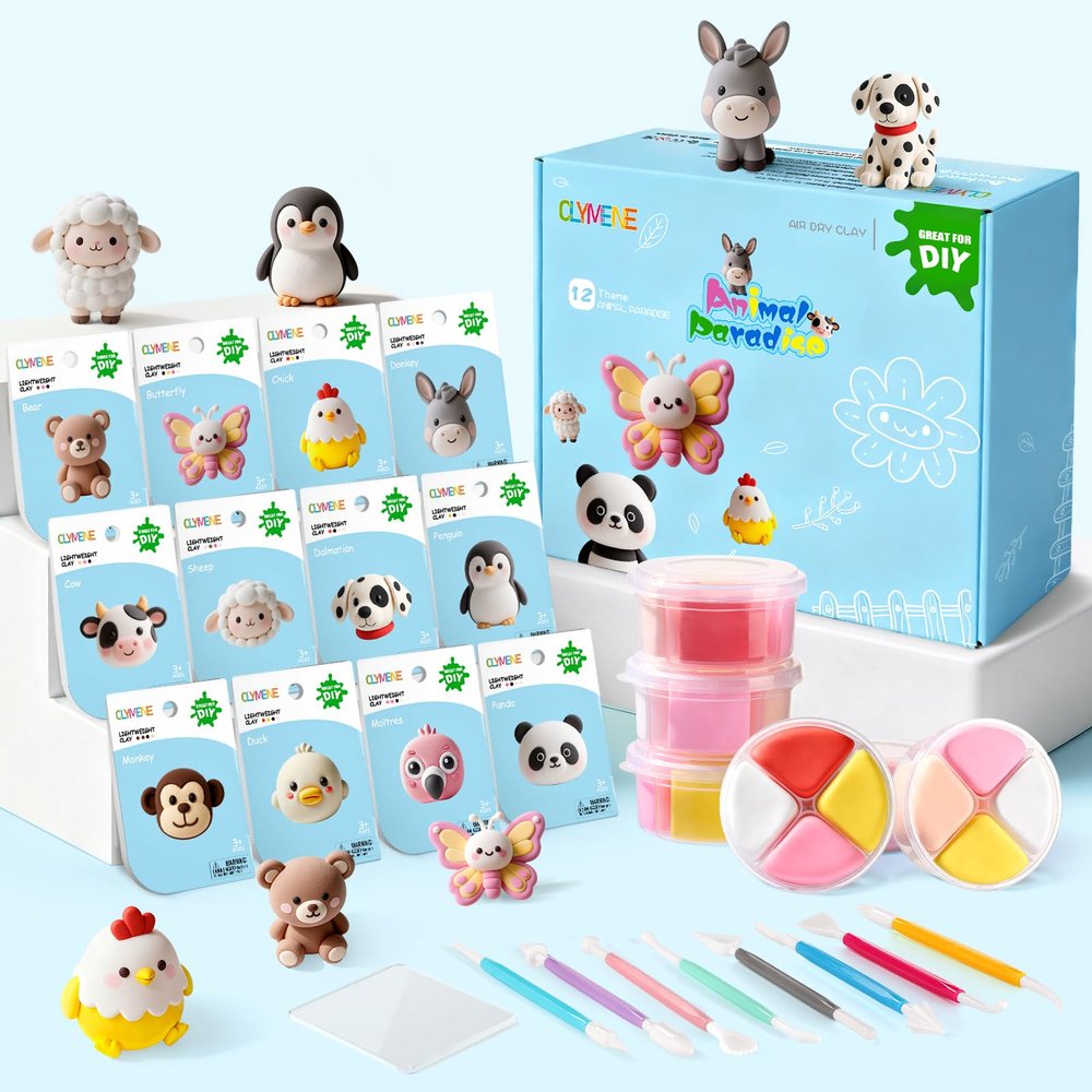 CLYMENE Air Dry Clay Kit for Kids, 12 Animals Modeling Clay with Tools & Tutorials, Arts and Crafts Creative Toys for Boys and Girls Ages 3+