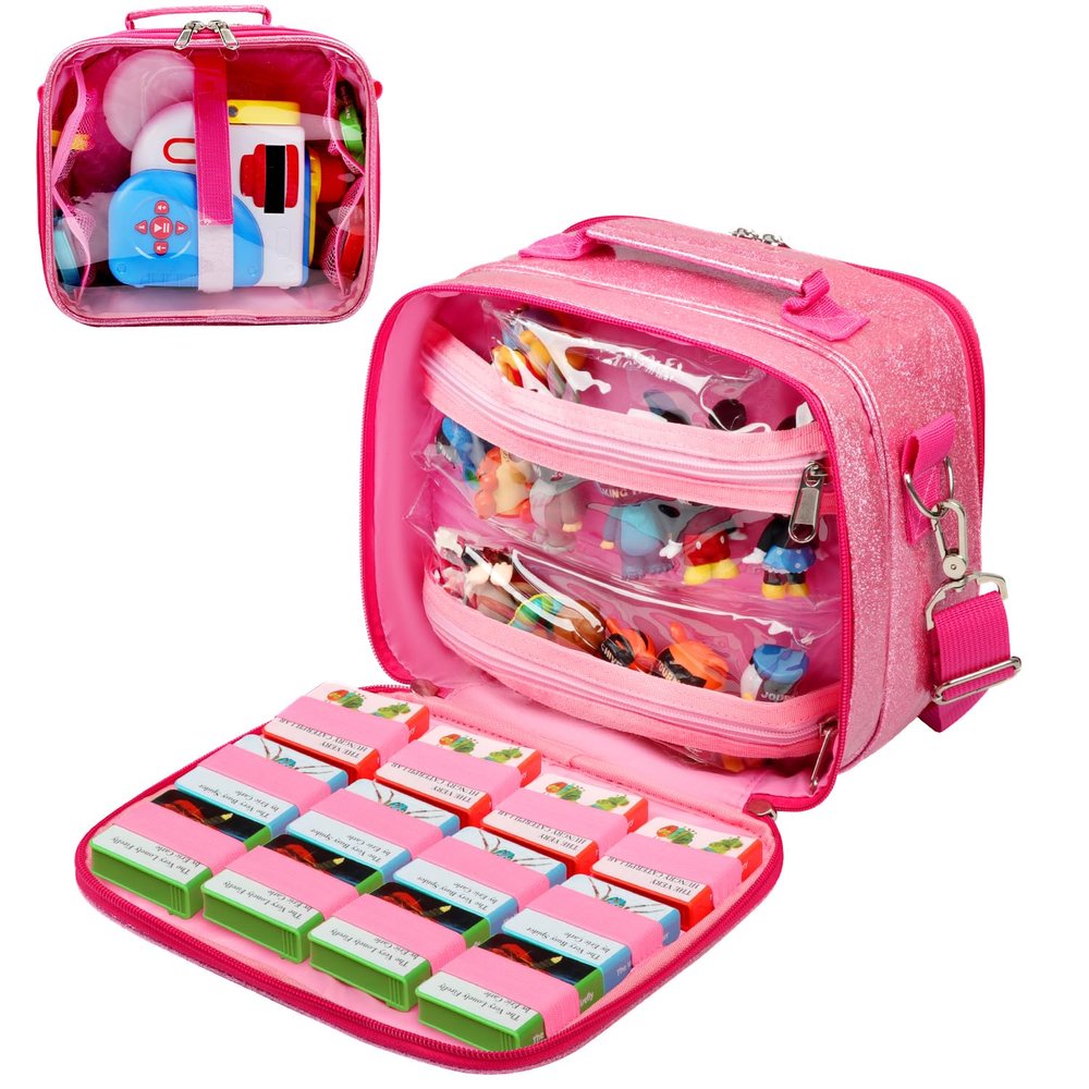 Covkev Carrying Case Compatible with Little Tikes Story Dream Machine Starter Set, Large Portable Storage Bag with 12 Elastic Straps for Storybooks, Audio Play Characters, Projector Pink (Case Only)